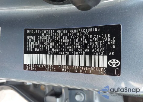 2021 Toyota Corolla Le из США, поврежденный, VIN 5YFEPMAE2MP160718